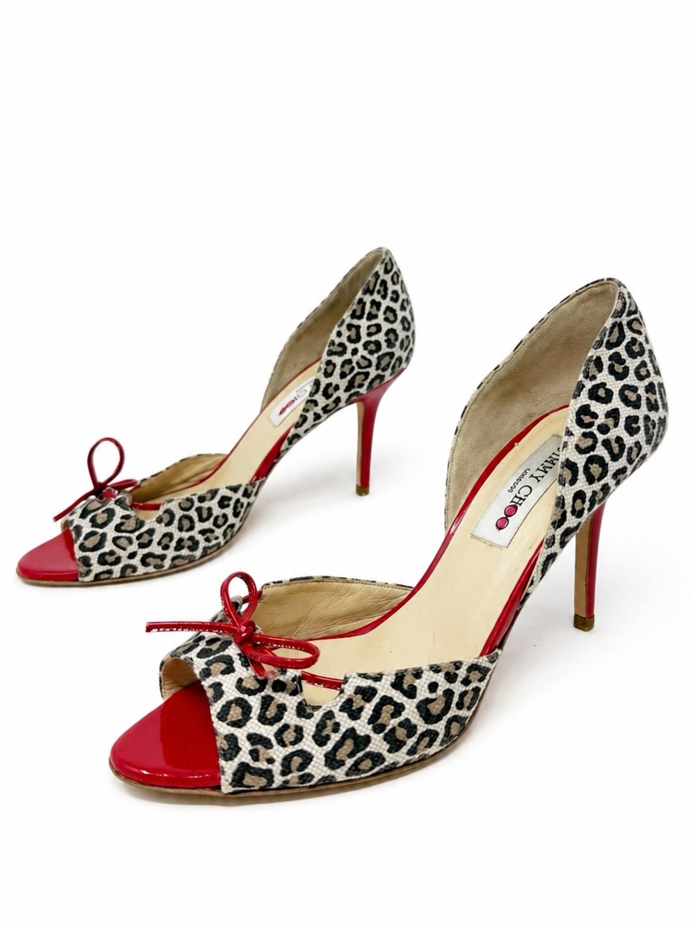 Jimmy Choo Leopard Print Red Bow Peep Toe Heels Womens Size EU 39